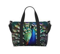 Hermosa bolsa de viaje de mano con estampado de pavo real, bolsa de gimnasio, bolsa de viaje de fin de semana, bolsa de deporte para mujeres y hombres, Negro -, Talla única