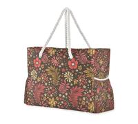 Hermosa bolsa grande portátil con bolsillos laterales para mujer, diseño de flores rojas y amarillas, para viajes, gimnasio, vacaciones