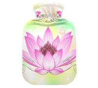 Hermosa botella de agua caliente con diseño de flor de loto rosa con funda suave, bolsa de agua caliente para compresas frías y calientes, tamaño mediano