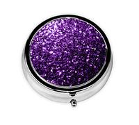 Hermosa caja redonda de pastillero con purpurina morada, bonita caja organizadora de pastillas de medicina de viaje para bolsillo de monedero, 2.0 x 2.0 x 0.7 pulgadas
