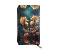 Hermosa cartera larga de cuero para parejas de caballitos de mar, soporte portátil para tarjetas de crédito, monedero con cremallera y compartimento para identificación
