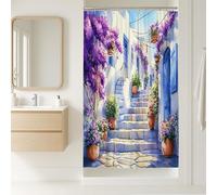 Hermosa cortina de ducha de buganvillas, decoración de baño floral violeta vibrante, cortina de tela impermeable para primavera y verano, estilo mediterráneo, con ganchos, 91 x 183 cm
