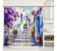 Hermosa cortina de ducha de buganvillas, decoración de baño floral violeta vibrante, cortina de tela impermeable para primavera y verano, estilo mediterráneo, con ganchos, 72 x 84 pulgadas