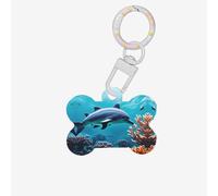 Hermosa etiqueta de perro con estampado de delfines del mundo submarino con estampado de coral, diseño de hueso de doble cara, etiquetas de identificación de perro con forma de hueso, etiquetas de