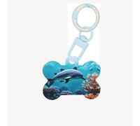 Hermosa etiqueta de perro con estampado de delfines del mundo submarino con estampado de coral, diseño de hueso de doble cara, etiquetas de identificación de perro con forma de hueso, etiquetas de