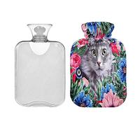 Hermosa flor arbustos gato curioso botella de agua caliente de 2 litros con cubierta, bolsa de agua caliente transparente para alivio del dolor de cuello y hombro manos pies terapia caliente