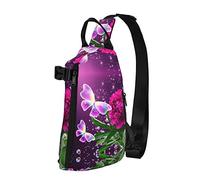 Hermosa mochila cruzada con estampado floral de mariposas moradas para hombres y mujeres, para caminar al aire libre, viajes, Negro -, Talla única
