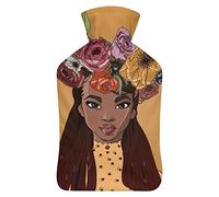 Hermosa mujer africana con flores botella de agua de goma con cubierta de felpa suave, bolsa de agua caliente para invierno, manos y pies, protección contra el frío, 1000 ml