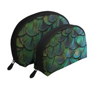 Hermosa Pluma de Pavo Real, Bolsa de Maquillaje de Concha, Monedero pequeño para Mujer, Bolsa de artículos de tocador, Bolsa de cosméticos, 2 Piezas