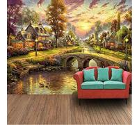 Hermosa Puesta De Sol Casas Arroyo Puente De Piedra 3D Papel Pintado Pared Fácil Instalación Oficina Sala Estar Sofá Dormitorio TV Fondos Decoración-150cm×105cm