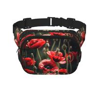 Hermosa riñonera con cremallera y diseño de amapola roja con correa ajustable para correr, ciclismo, Black, Talla única