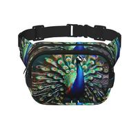 Hermosa riñonera con estampado de pavo real a la moda, bolsa de cintura cuadrada negra con correa ajustable, Negro -, Talla única