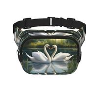 Hermosa riñonera cuadrada de doble capa con estampado de cisnes en el lago, para hombres y mujeres, bolsa cruzada para entrenamiento o viaje, Negro -, Talla única