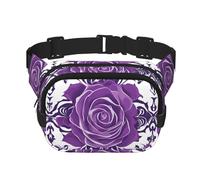 Hermosa riñonera cuadrada de doble capa con rosas moradas para actividades al aire libre como deportes, viajes, senderismo, ciclismo, Black, Talla única