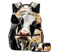 Hermosa vaca conquista el aula con nuestro juego de 2 mochilas escolares para niños, mochila de gran capacidad y estuche para lápices para niños, niñas y adolescentes, Multicolor#01, B：29.4x20x40cm\