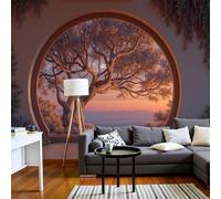 Hermosa Vista Del Atardecer Desde La Ventana Papel Pintado, 350 X 256 Cm Pared Papel Pintado, Estilo Art Déco Clásico Decoración De Paredes Para Salón Dormitorio Pasillo Comedor, Color Naranja