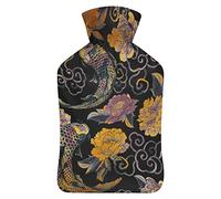 Hermosas flores asiáticas y koi botella de agua de goma con cubierta de felpa suave, bolsa de agua caliente para invierno, manos y pies, protección contra el frío, 1000 ml