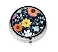 Hermosas flores coloridas. Este pequeño pastillero redondo es un organizador portátil de medicamentos de viaje con tres compartimentos para almacenar medicamentos diarios.