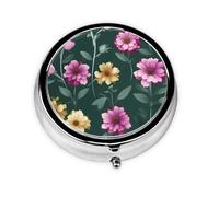 Hermosas flores moradas. Este pequeño pastillero redondo es un organizador portátil de medicamentos de viaje con tres compartimentos para almacenar medicamentos diarios.