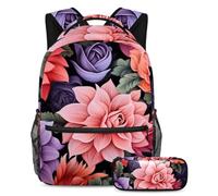 Hermosas flores que se mantienen a la moda y organizadas con este juego de 2 mochilas escolares para niños, niñas y adolescentes, tu mejor bolsa de viaje para libros, Multicolor#02, B:29.4x20x40cm\