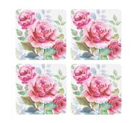 Hermosas Flores Rosa Flor Rosa Floral,Posavasos Cuadrados de Corcho MDF, Almohadilla para Tazas, Juego de 4 Posavasos para Bebidas