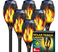 Hermosas luces solares para exteriores, paquete de 6, antorchas solares Tiki de alta calidad con llama parpadeante, impermeables, encendido/apagado automático, perfectas para exteriores, patio, camino