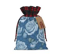 Hermosas rosas sobre fondo azul, bolsa de regalo con cordón de dos colores, ideal para Navidad, cumpleaños