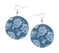 Hermosas rosas sobre fondo azul Imprimir Pendientes de cuero para mujer - Pendientes de aro colgantes, perfectos para fiestas de disfraces y accesorios de niña, talla única, Cuero