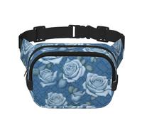 Hermosas rosas sobre fondo azul, riñonera cuadrada de doble capa con correa ajustable para actividades al aire libre, color negro, talla única, Black, Talla única