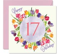 Hermosas tarjetas de cumpleaños 17 para mujer, ramo de flores de tulipanes de acuarela, tarjeta de feliz cumpleaños para ella, hija, nieta, hermana, regalos de cumpleaños, 145 mm x 145 mm, bonitas tarjetas de felicitación florales