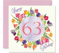 Hermosas tarjetas de cumpleaños 63 para mujer, ramo de flores de tulipanes de acuarela, tarjeta de feliz cumpleaños para ella, abuela, niñera, gran mamá, regalos de cumpleaños, 145 mm x 145 mm, bonitas tarjetas de felicitación florales de regalo