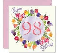 Hermosas tarjetas de cumpleaños de 98 para mujer, ramo de flores de tulipanes de acuarela, tarjeta de feliz cumpleaños para ella, abuela y niñera, regalos de cumpleaños, 145 mm x 145 mm, bonitas tarjetas de felicitación florales