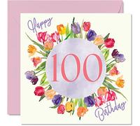 Hermosas tarjetas de cumpleaños número 100 para mujer, ramo de flores de tulipanes de acuarela, tarjeta de feliz cumpleaños para su bisabuela, niñera, gran regalo de cumpleaños, 145 mm x 145 mm, encantadoras tarjetas de felicitación florales, regalo