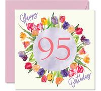 Hermosas tarjetas de cumpleaños número 95 para mujer, ramo de flores de tulipanes de acuarela, tarjeta de feliz cumpleaños para su bisabuela, niñera, regalos grandes, tarjetas de felicitación florales