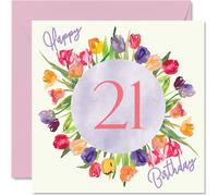 Hermosas tarjetas de cumpleaρos nϊmero 21 para mujer - Ramo de flores de tulipanes de acuarela - Tarjeta de feliz cumpleaρos para su hija, nieta,