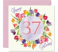 Hermosas tarjetas de cumpleaρos nϊmero 37 para mujeres Ramo de flores de tulipanes de acuarela Tarjeta de feliz cumpleaρos para su hija, tνa,
