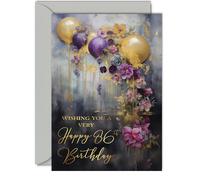 Hermosas tarjetas doradas de cumpleaños número 86 para mujeres y hombres, globos de fiesta dorados, elegante tarjeta de cumpleaños tradicional para mujer de 86 años, hombre, ella, él, 5 x 7 pulgadas,