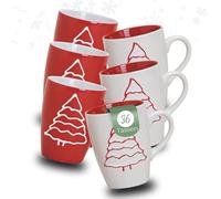 Hermosas tazas de Navidad en caja de cartón de 36 unidades - grandes tazas de café de 300 ml con diseño de árbol de Navidad rojo y blanco