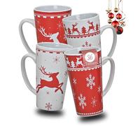 Hermosas tazas de Navidad en caja de cartón de 36 unidades - grandes tazas de café jumbo de 450 ml con motivos navideños Skandi rojo y blanco