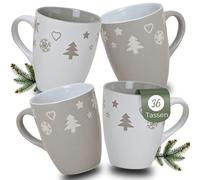 Hermosas tazas de Navidad en caja de cartón de 36 unidades - tazas grandes de 300 ml con diseño navideño en gris, blanco