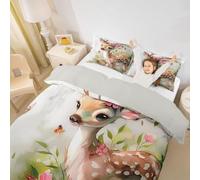 Hermoso animal niños edredón tamaño L Maravilloso ciervo mariposa flores rosas hojas verdes suave poliéster manta cubierta lindo vida salvaje acuarela planta impresión juego de ropa de cama (2