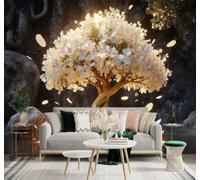 Hermoso Árbol De Flores Blancas Que Brilla Con Un Resplandor Dorado En Un Paisaje Rocoso 3D Papel Pintado Pared Premium Textura Seda Estudio Comedor Vinilos Dormitorio Sofás TV Cocina-150cm×105cm