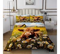 Hermoso edredón de ternera Highland con 2 fundas de almohada acuarela dibujada a mano flor margarita cubierta tamaño M para adolescentes adultos natural retro rural granja paisaje ropa de cama