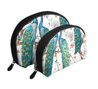 Hermoso Estampado de Flores de Pavo Real., Bolsa de Maquillaje de Concha, Monedero pequeño para Mujer, Bolsa de artículos de tocador, Bolsa de cosméticos, 2 Piezas