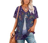 Hermoso Estampado Pavo Real Blanco Camisetas con Cuello En V para Mujer Tallas Grandes Sueltas Camisetas De Manga Corta Elegantes Patrones Animales, Morado Oscuro