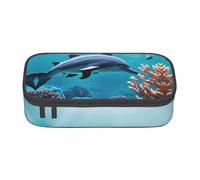 Hermoso estuche de almacenamiento grande con estampado de delfines del mundo submarino, diseño de delfines de coral, organizador de papelería, escuela, universidad, negocios, viajes