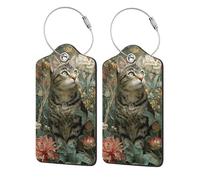 Hermoso gato atigrado con ojos verdes para maleta, paquete de 2 etiquetas de equipaje de cuero con solapa de privacidad, etiqueta de identificación de nombre y lazo de metal para mujeres y hombres