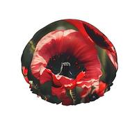 Hermoso gorro de ducha con estampado de flores de amapola roja, elástico y reutilizable, gorro de baño para cabello largo, gorro de ducha grande impermeable, para mujeres, hombres y niños