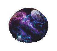 Hermoso gorro de ducha con estampado de galaxia para mujer, gorro de ducha grande lavable con banda elástica