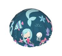 Hermoso gorro de ducha grande impermeable con estampado de sirena para mujer, pelo largo, lavable, banda elástica